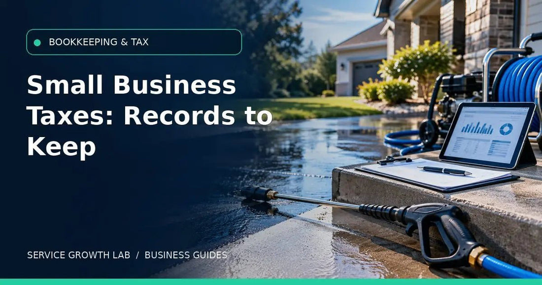 Taxes for Pressure Washing Businesses: What Records Should You Keep? | Service Growth Lab illustrated guide cover