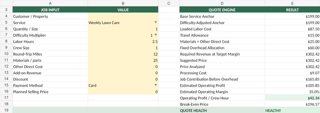 Actual Landscaping Business OS Field Quote worksheet from the included Excel workbook, showing editable job inputs and example calculated results.