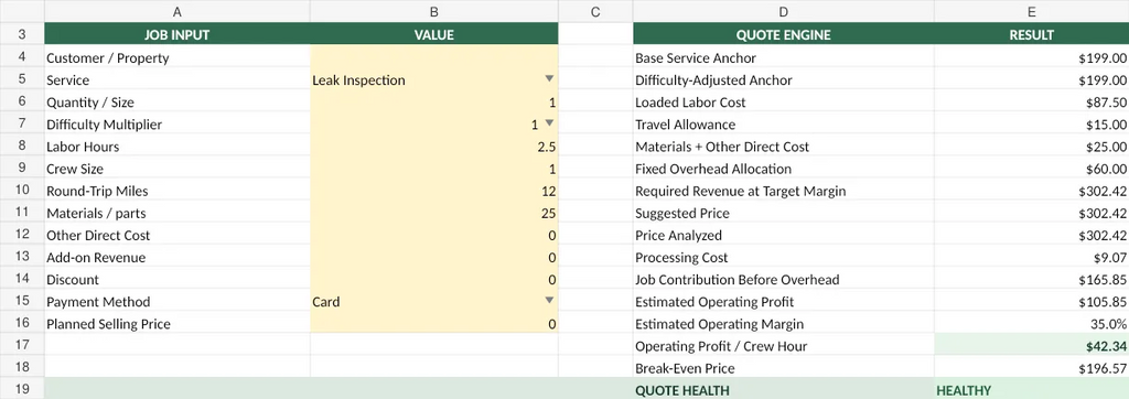 Actual Roofing Business OS Field Quote worksheet from the included Excel workbook, showing editable job inputs and example calculated results.
