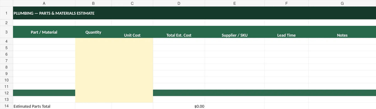 Actual Plumbing Business OS Parts Estimate worksheet from the SGL Plumbing Complete One-Time Toolkit, with editable material quantities and totals.