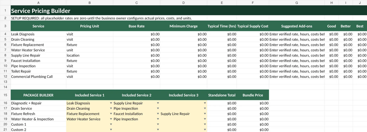 Actual Plumbing Business OS Pricing Builder worksheet included in the SGL Plumbing Complete One-Time Toolkit; rate inputs start unconfigured.