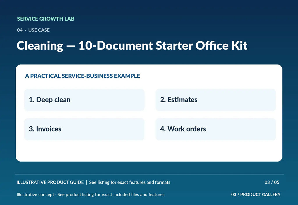 Cleaning — 10-Document Starter Office Kit — illustrative job-document use case graphic by Service Growth Lab