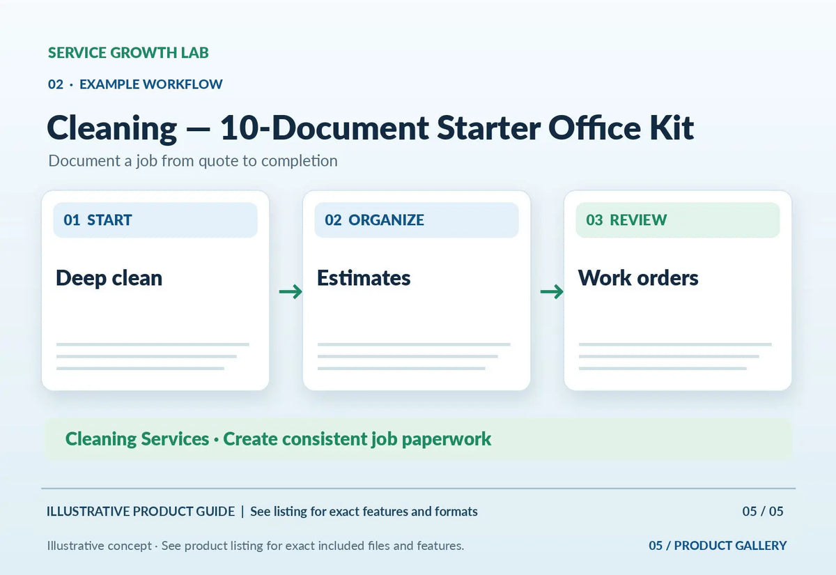 Cleaning — 10-Document Starter Office Kit — illustrative customer-paperwork workflow graphic by Service Growth Lab