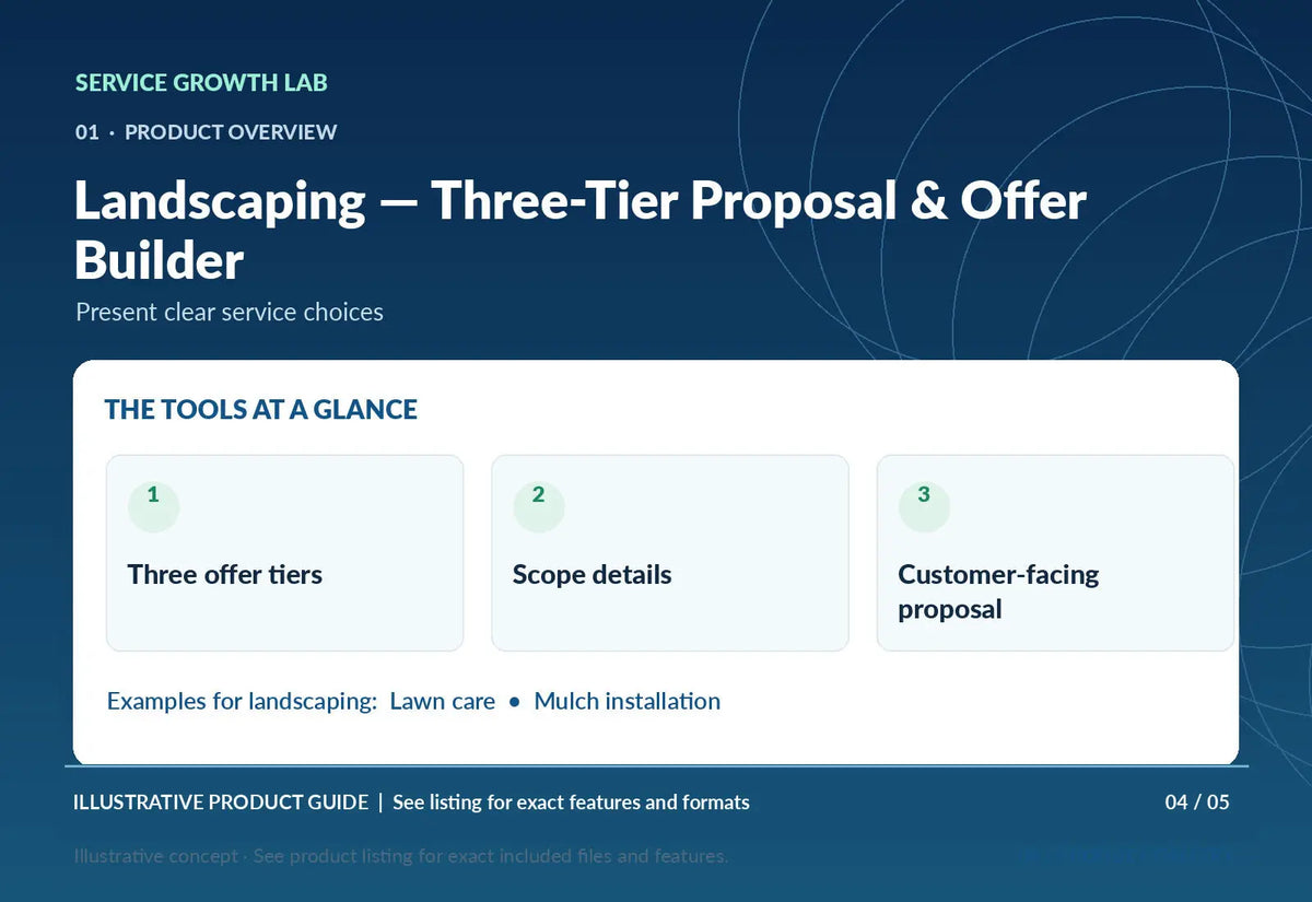Landscaping — Three-Tier Proposal & Offer Builder — original illustrative product marketing visual 3 and relevant service workflow