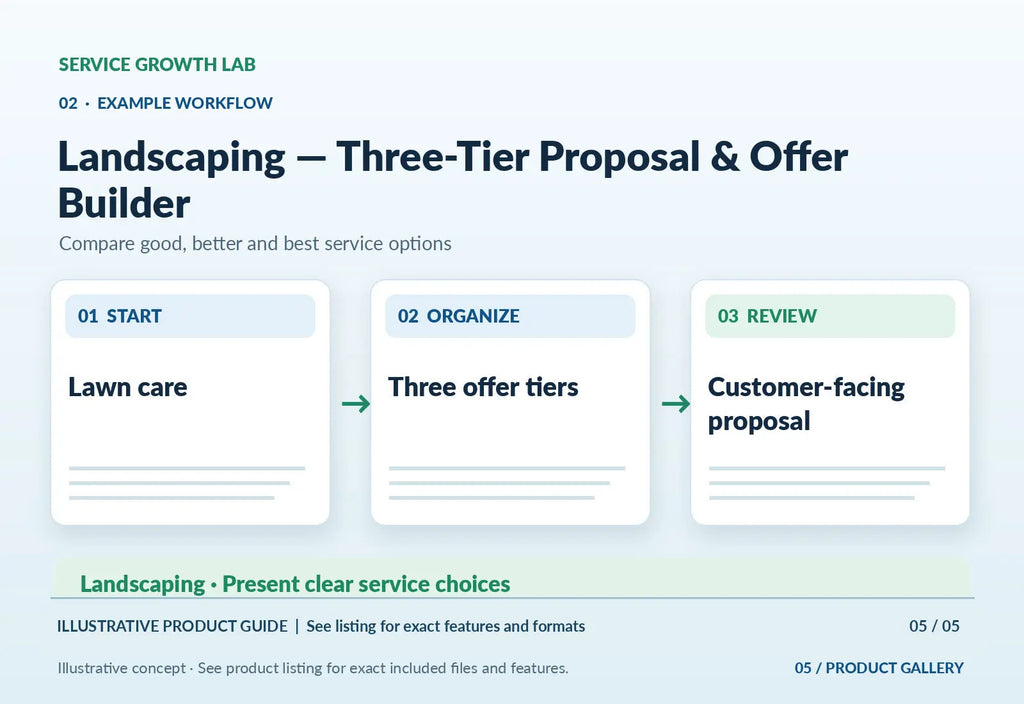 Landscaping — Three-Tier Proposal & Offer Builder — original illustrative product marketing visual 4 and relevant service workflow