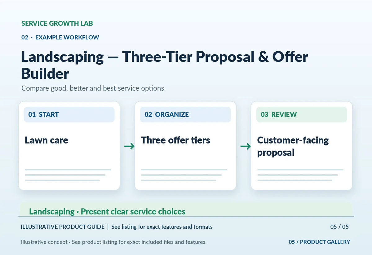 Landscaping — Three-Tier Proposal & Offer Builder — original illustrative product marketing visual 4 and relevant service workflow