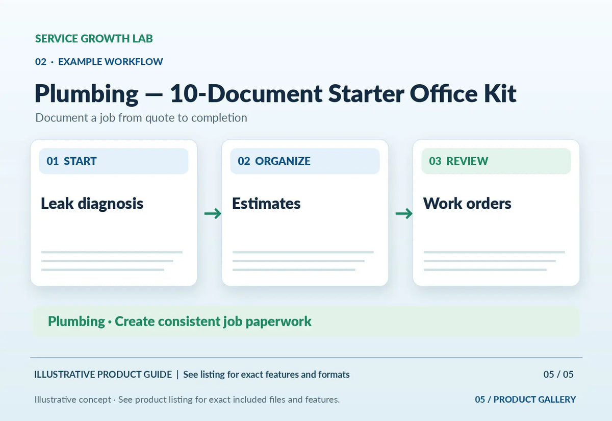 Plumbing — 10-Document Starter Office Kit — original illustrative product marketing visual 4 and relevant service workflow