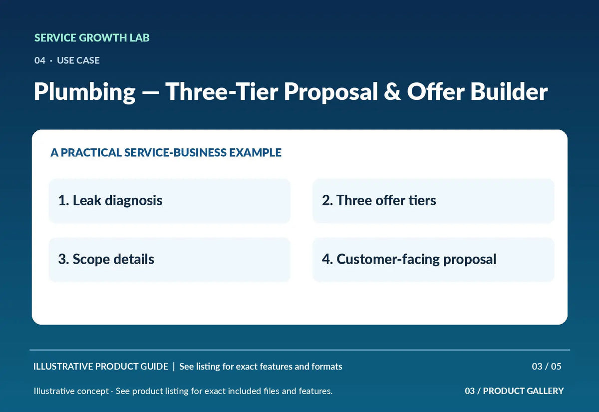 Plumbing — Three-Tier Proposal & Offer Builder — original illustrative product marketing visual 2 and relevant service workflow