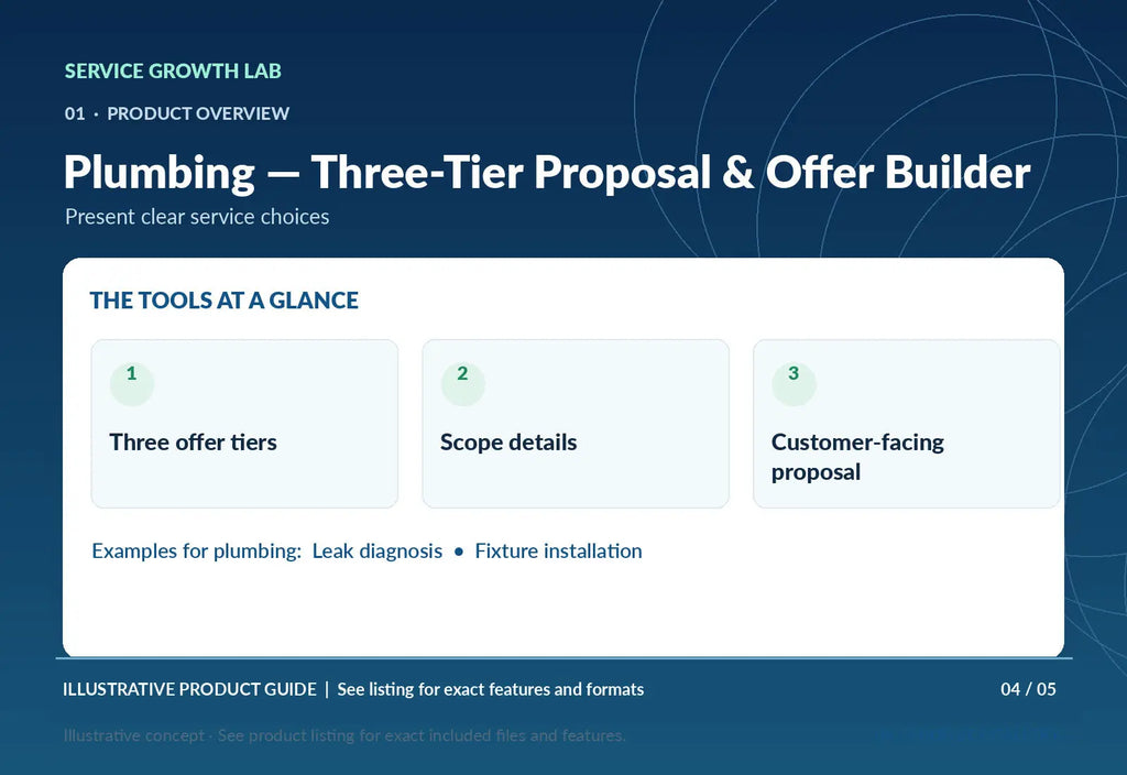 Plumbing — Three-Tier Proposal & Offer Builder — original illustrative product marketing visual 3 and relevant service workflow