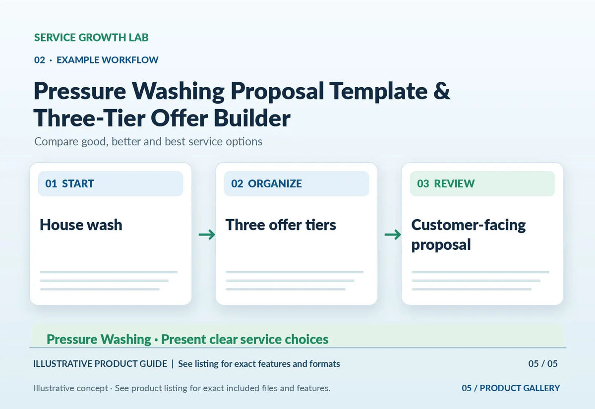 Pressure Washing Proposal Template & Three-Tier Offer Builder — original illustrative product marketing visual 4 and relevant service workflow