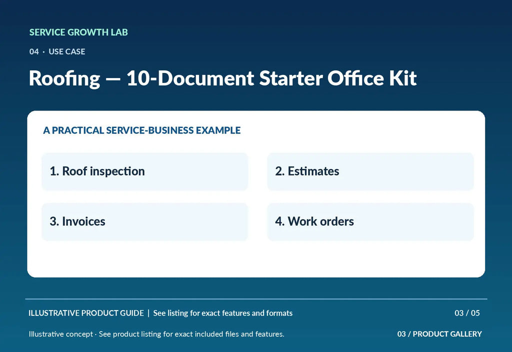 Roofing — 10-Document Starter Office Kit — original illustrative product marketing visual 2 and relevant service workflow