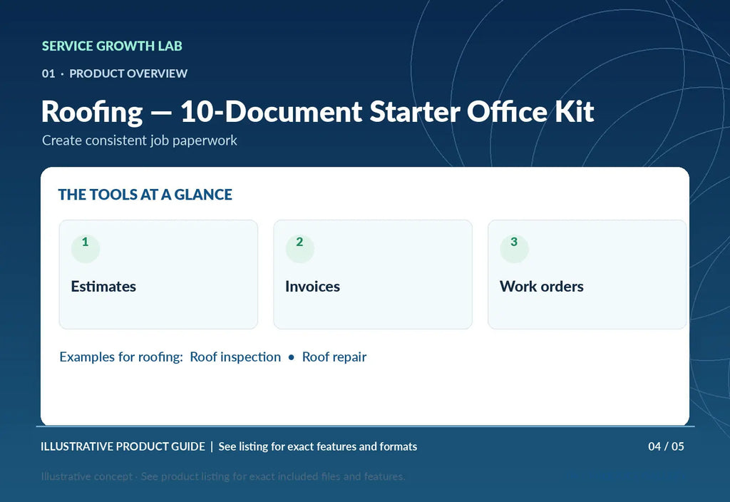 Roofing — 10-Document Starter Office Kit — original illustrative product marketing visual 3 and relevant service workflow
