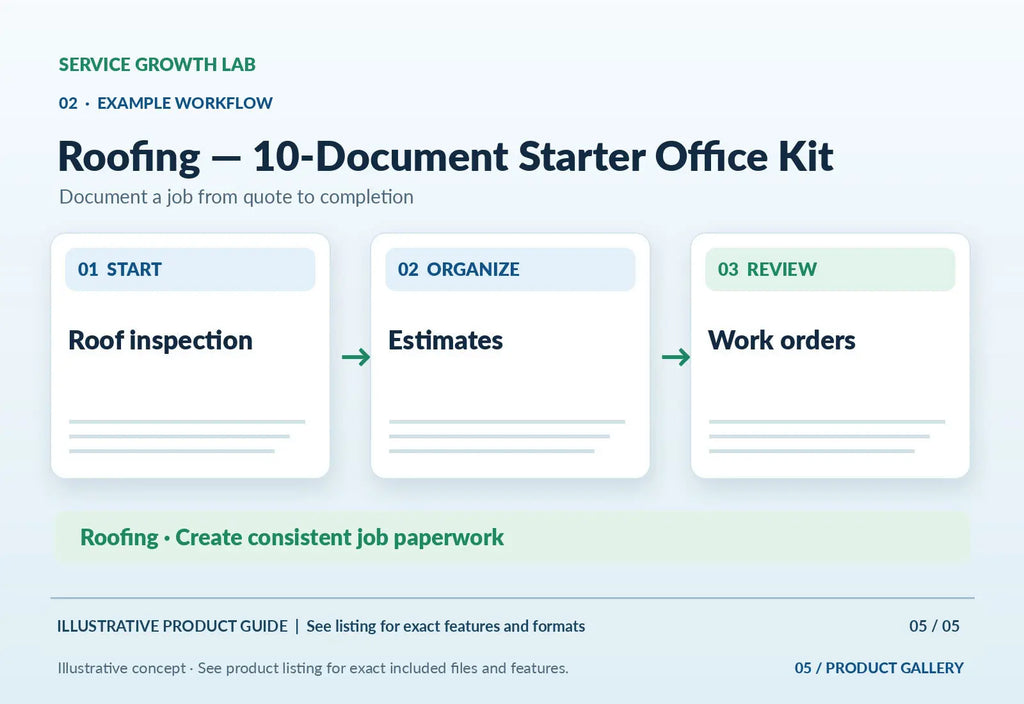 Roofing — 10-Document Starter Office Kit — original illustrative product marketing visual 4 and relevant service workflow