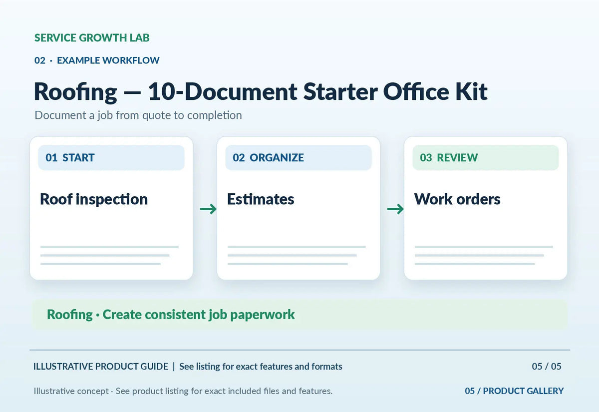 Roofing — 10-Document Starter Office Kit — original illustrative product marketing visual 4 and relevant service workflow