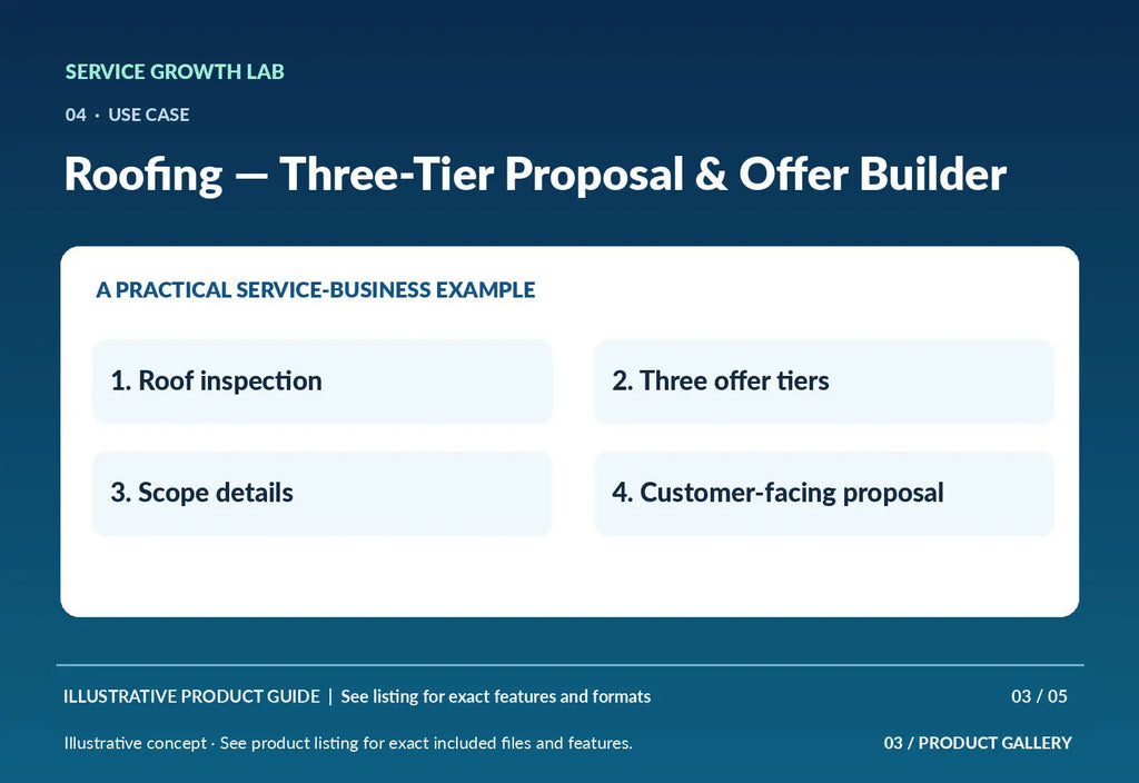 Roofing — Three-Tier Proposal & Offer Builder — original illustrative product marketing visual 2 and relevant service workflow