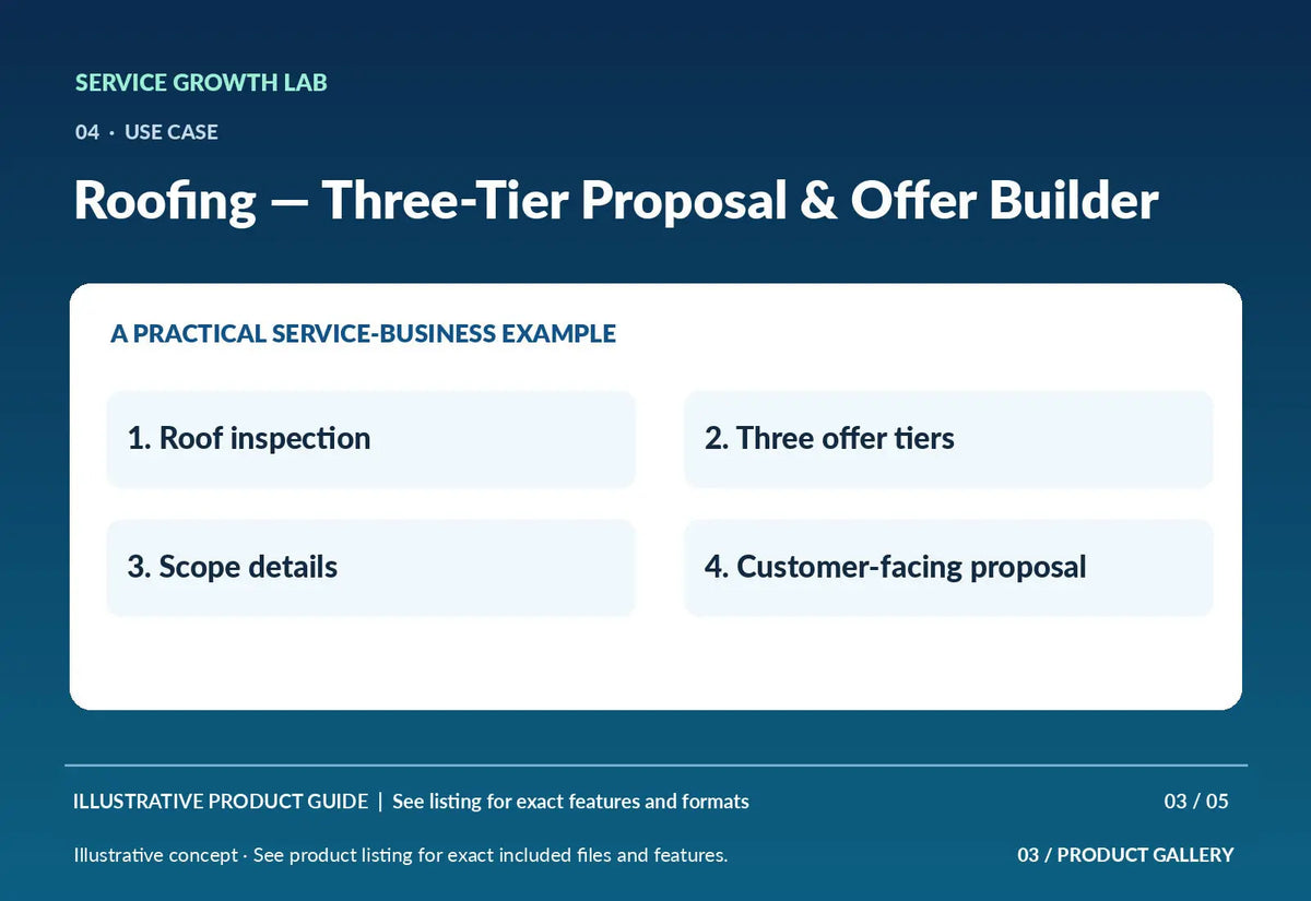Roofing — Three-Tier Proposal & Offer Builder — original illustrative product marketing visual 2 and relevant service workflow