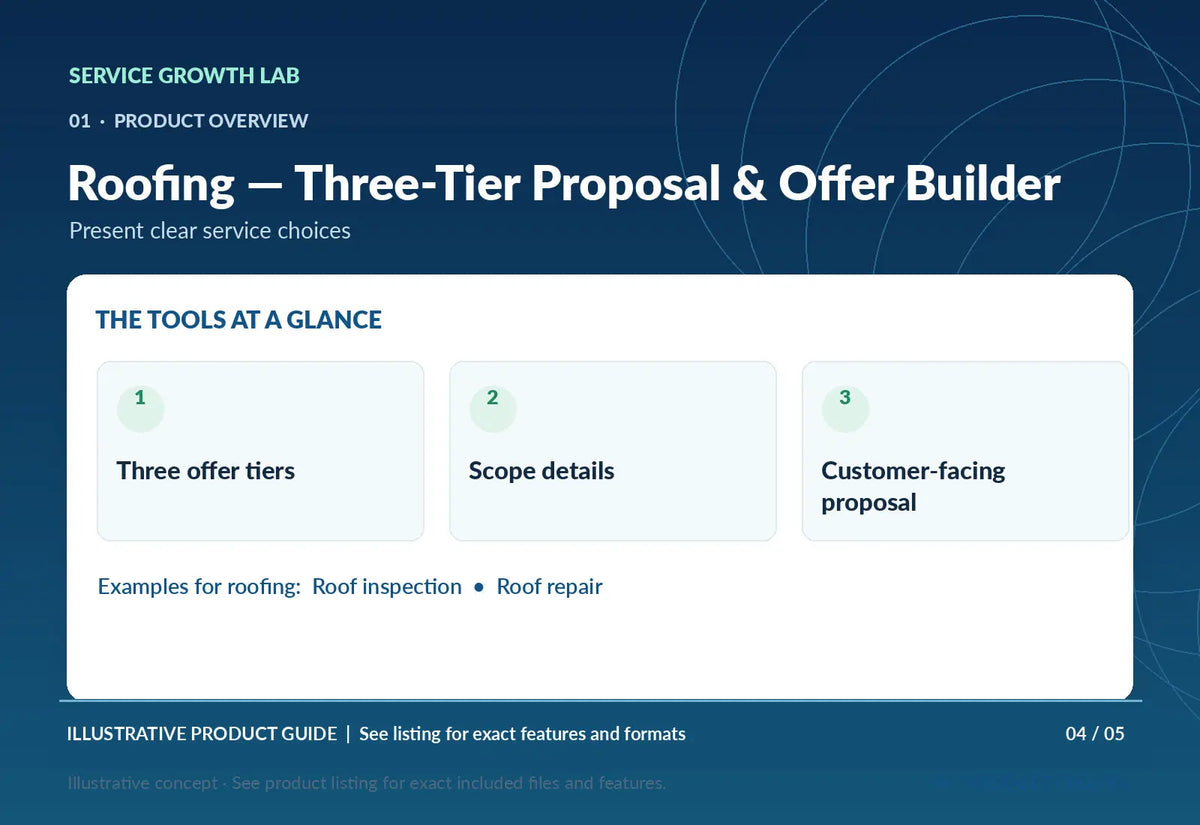 Roofing — Three-Tier Proposal & Offer Builder — original illustrative product marketing visual 3 and relevant service workflow