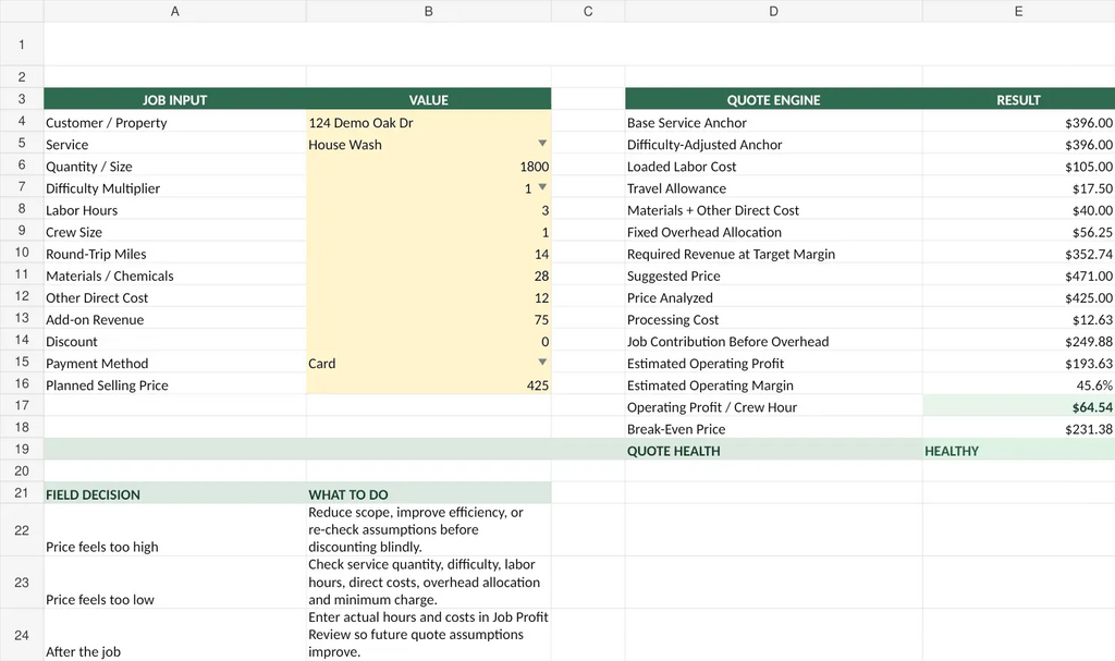 Actual Pressure Washing Business OS field quote workbook with fictional demo data