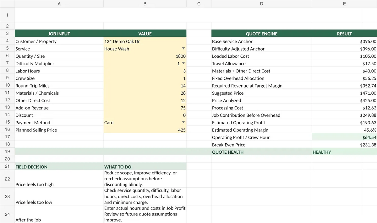 Actual Pressure Washing Business OS field quote workbook with fictional demo data