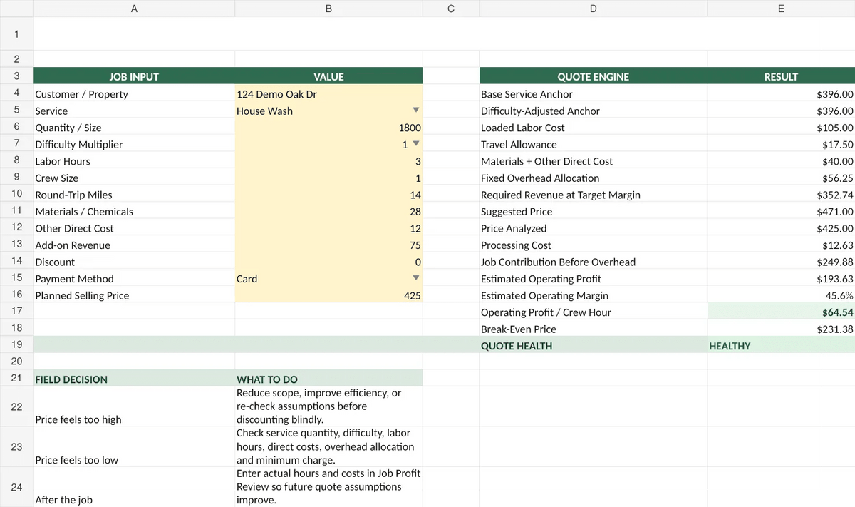 Business OS quick field quote screen using fictional demo data