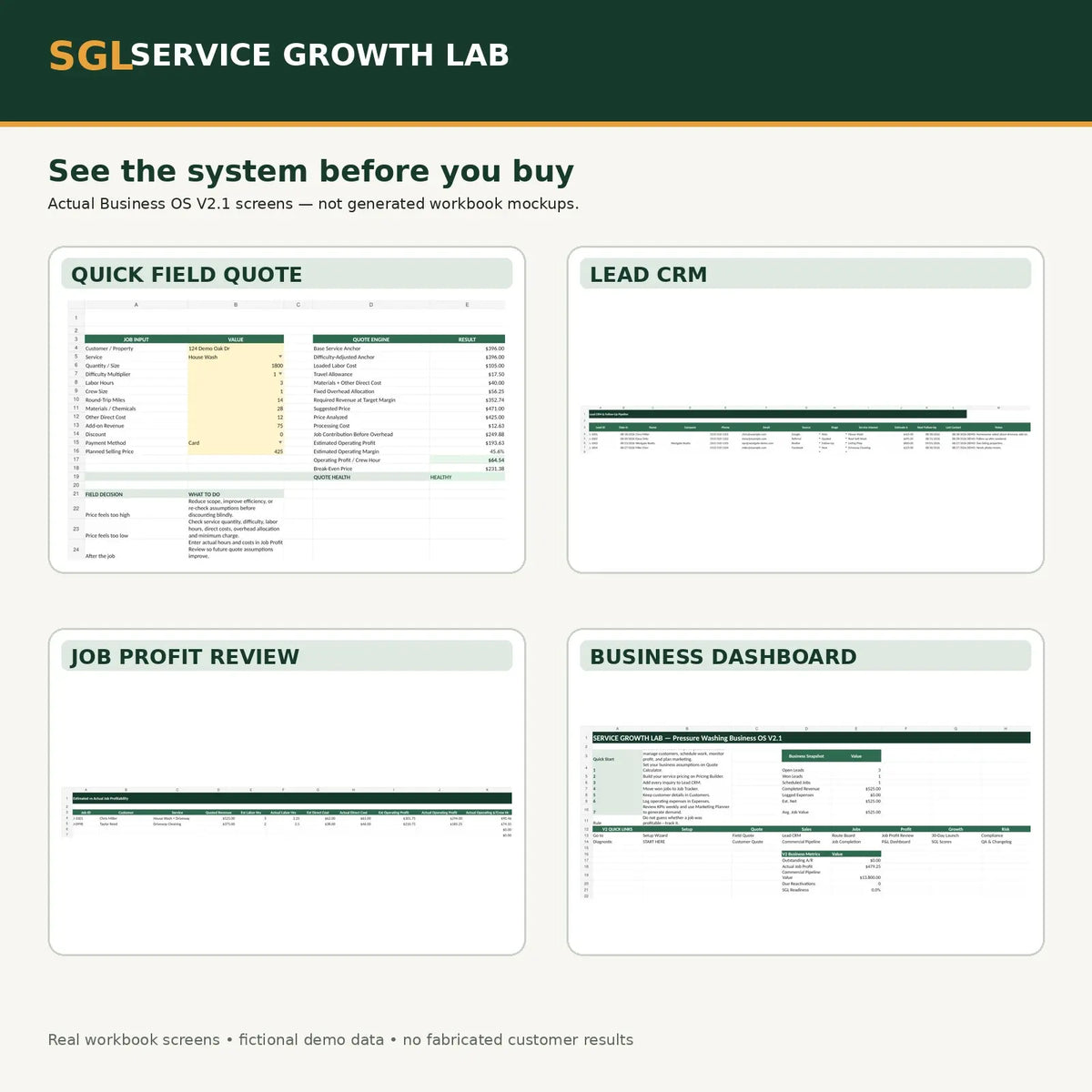 Actual Service Growth Lab Pressure Washing Business OS V2.1 workbook screens with fictional demo data