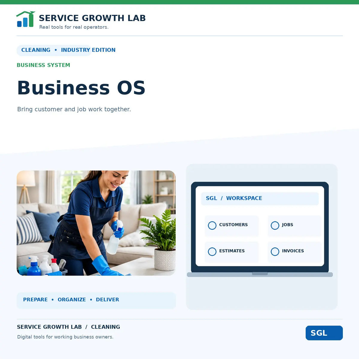Cleaning Business OS by Service Growth Lab: blue-and-white industry cover with matching tool illustration