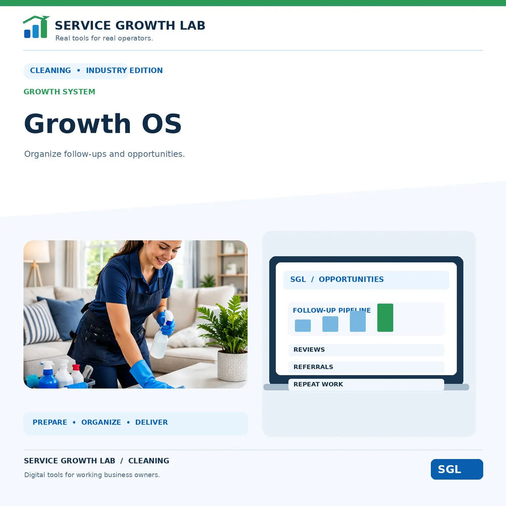 Cleaning Growth OS by Service Growth Lab: blue-and-white industry cover with matching tool illustration