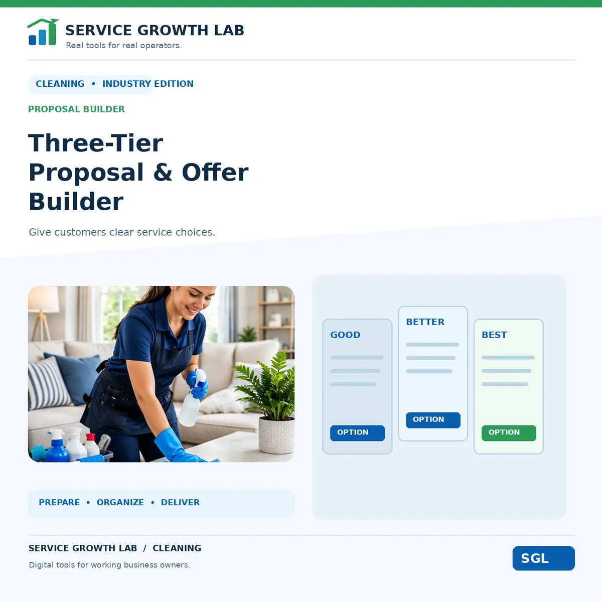 Cleaning Three-Tier Proposal & Offer Builder by Service Growth Lab: blue-and-white industry cover with matching tool illustration