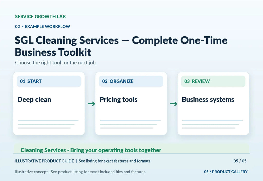 SGL Cleaning Services — Complete One-Time Business Toolkit — original illustrative product marketing visual 4 and relevant service workflow