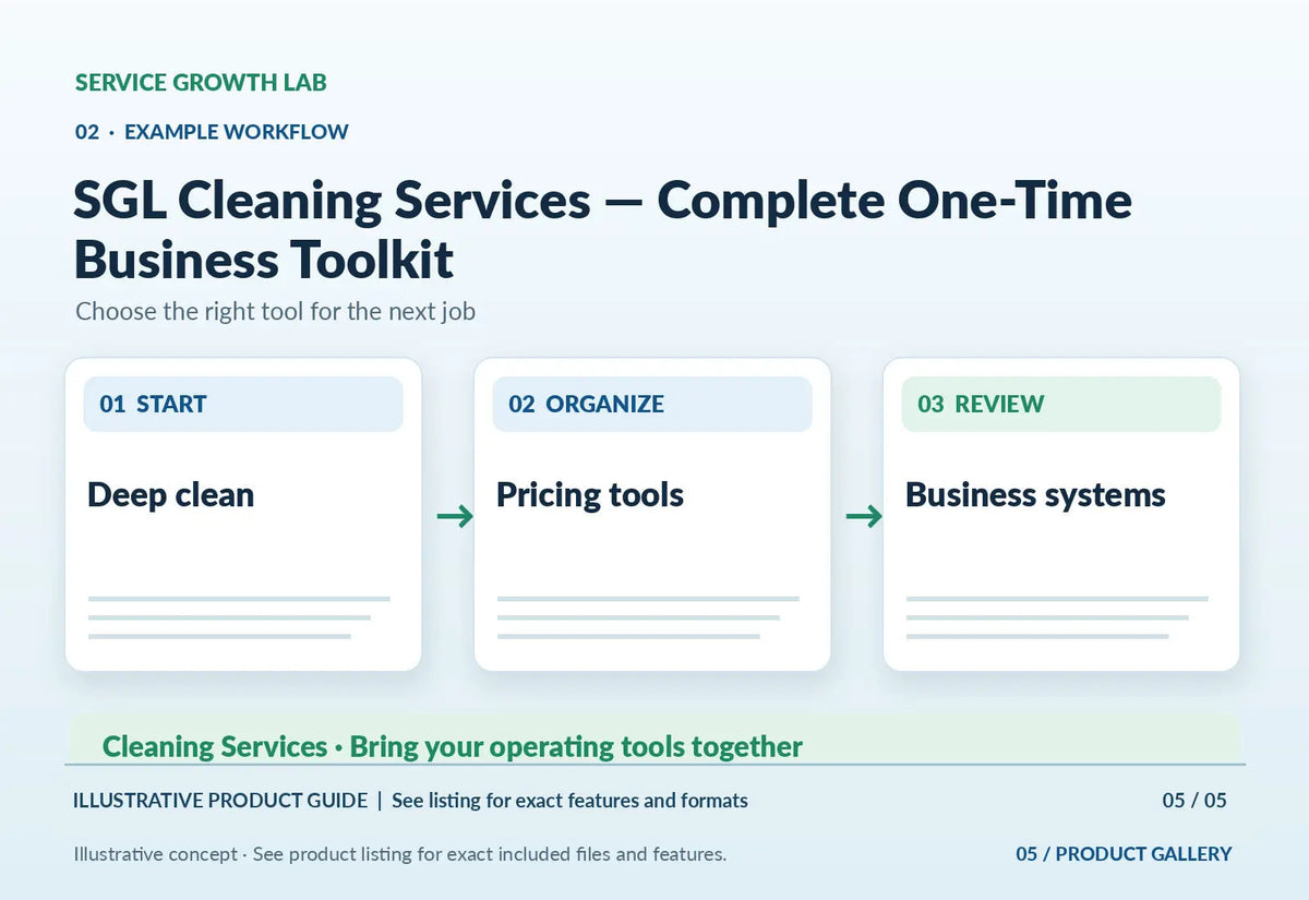 SGL Cleaning Services — Complete One-Time Business Toolkit — original illustrative product marketing visual 4 and relevant service workflow