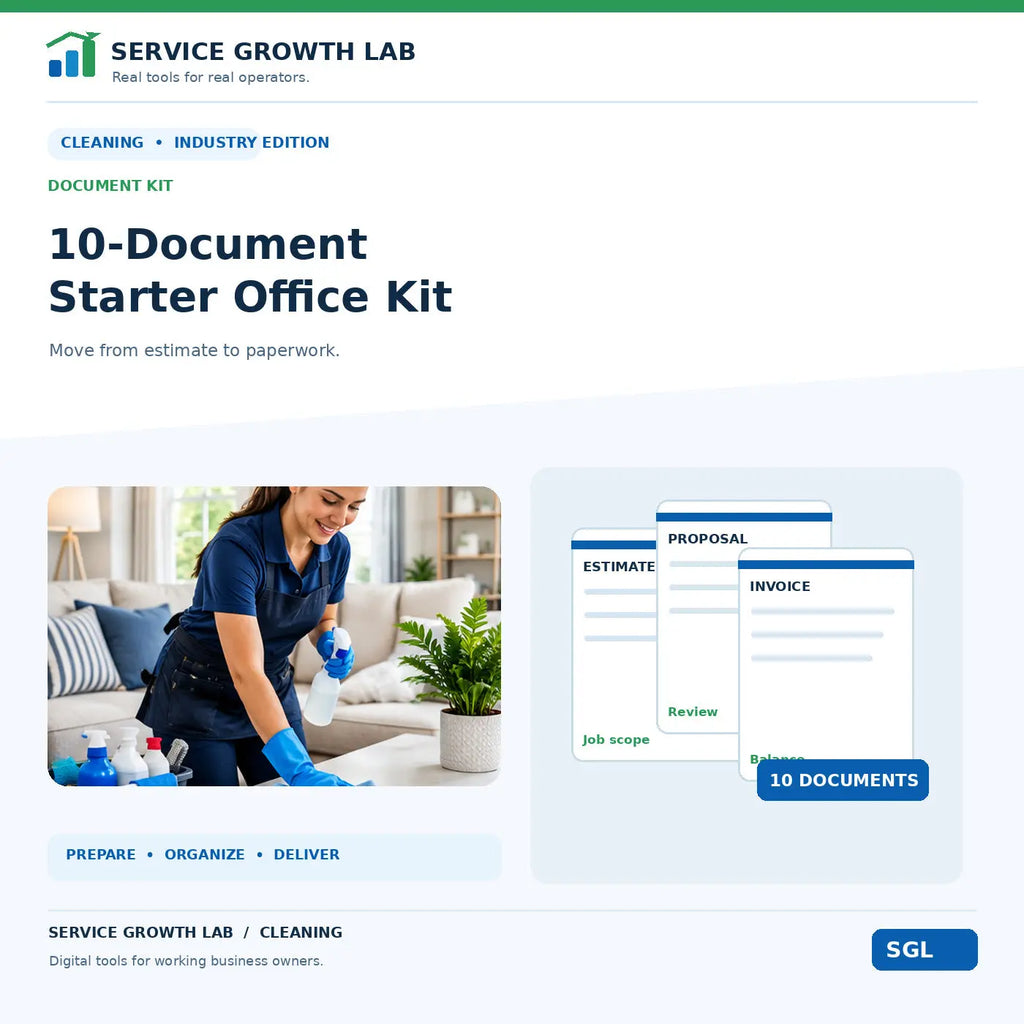 Service Growth Lab Cleaning 10-Document Starter Office Kit cover with cleaning professional and estimate, proposal, invoice previews