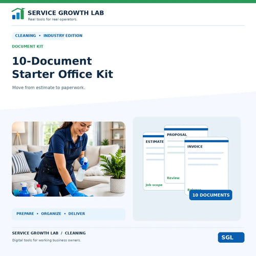 Service Growth Lab Cleaning 10-Document Starter Office Kit cover with cleaning professional and estimate, proposal, invoice previews