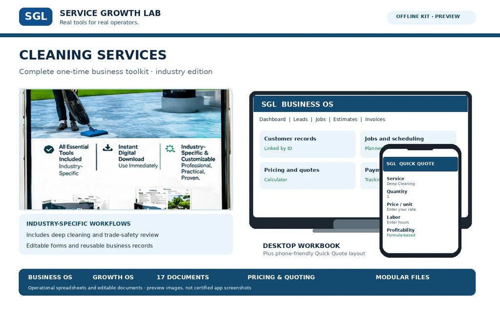 SGL Cleaning Services Complete Toolkit — desktop and mobile workbook preview