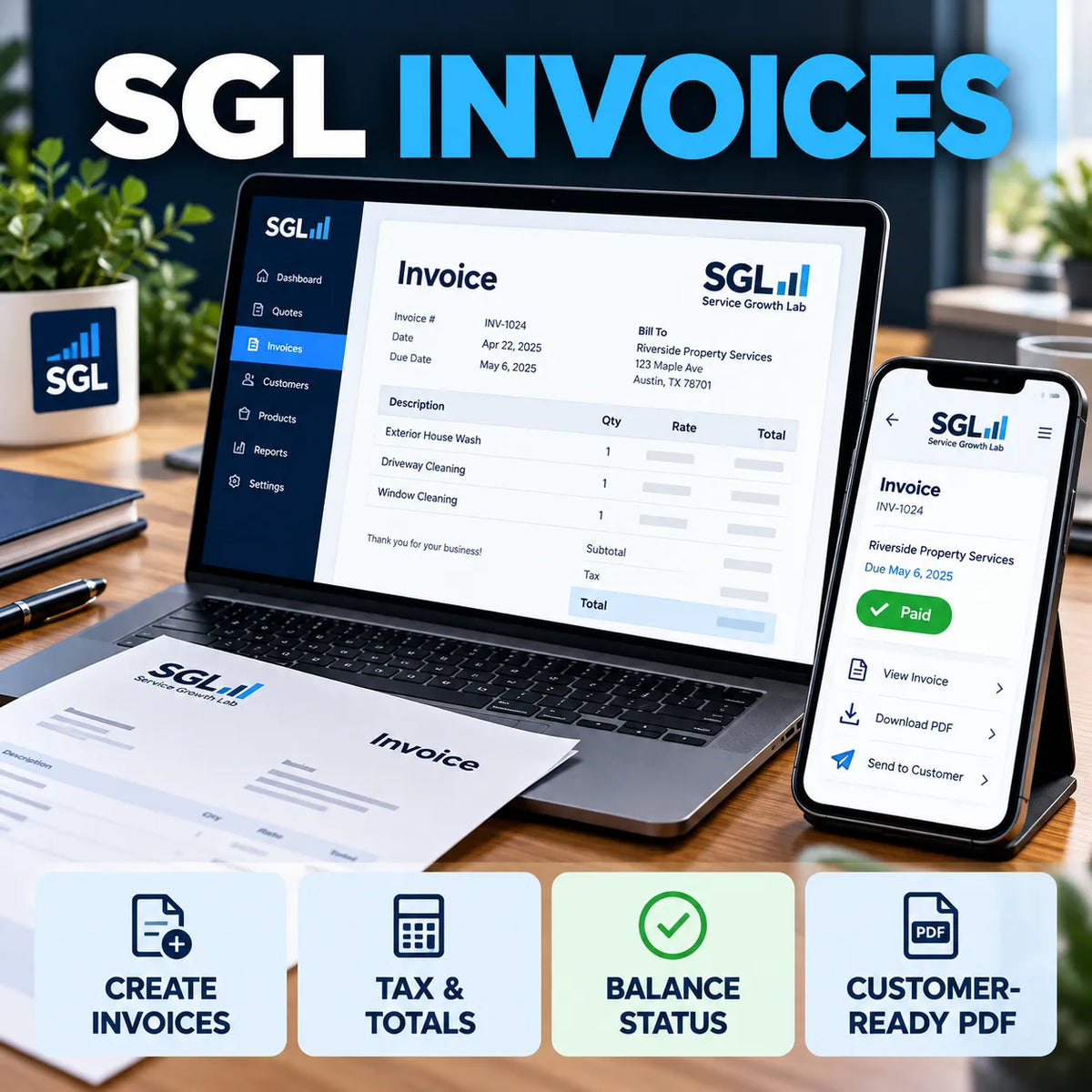 SGL Invoices workflow on desktop and mobile