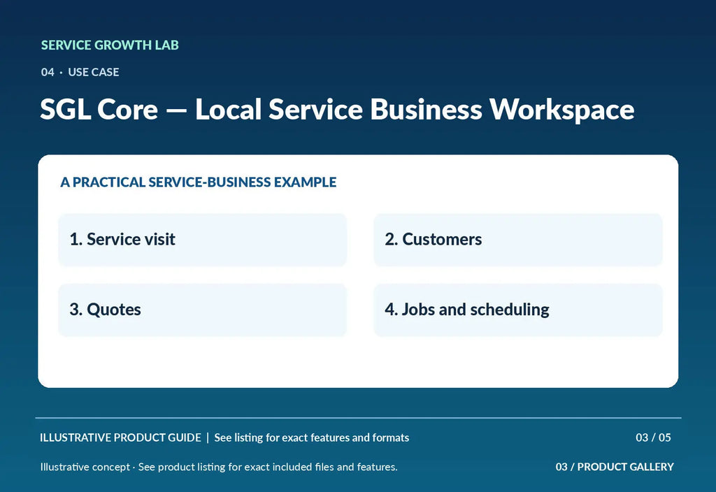 SGL Core — Local Service Business Workspace — original illustrative product marketing visual 2 and relevant service workflow