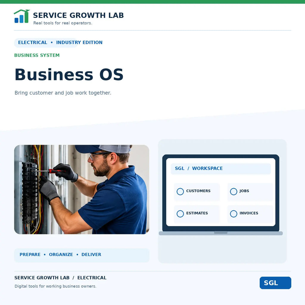 Electrical Business OS by Service Growth Lab: blue-and-white industry cover with matching tool illustration
