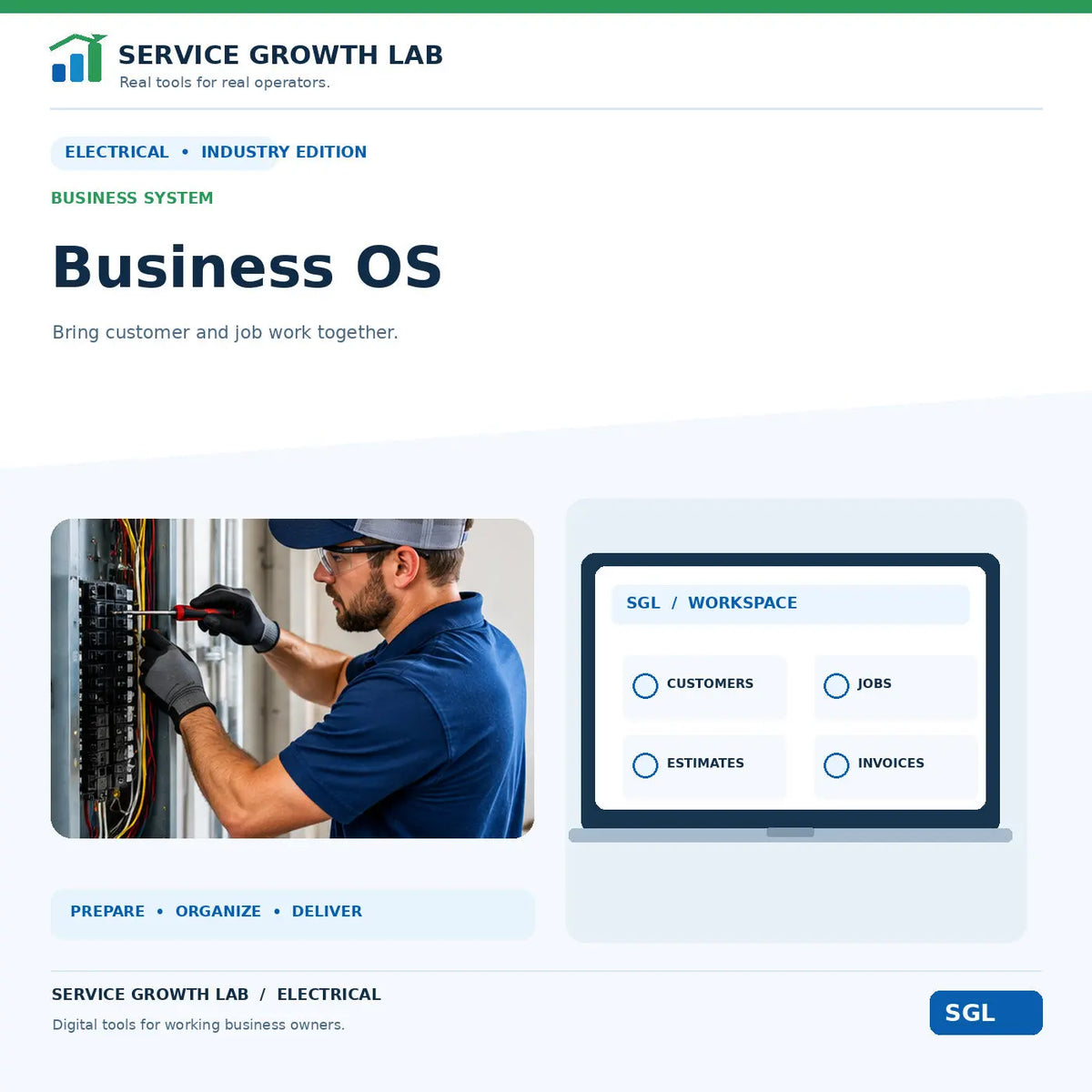 Electrical Business OS by Service Growth Lab: blue-and-white industry cover with matching tool illustration