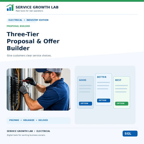 Electrical Three-Tier Proposal & Offer Builder by Service Growth Lab: blue-and-white industry cover with matching tool illustration