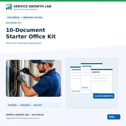 Electrical 10-Document Starter Office Kit by Service Growth Lab: blue-and-white industry cover with matching tool illustration