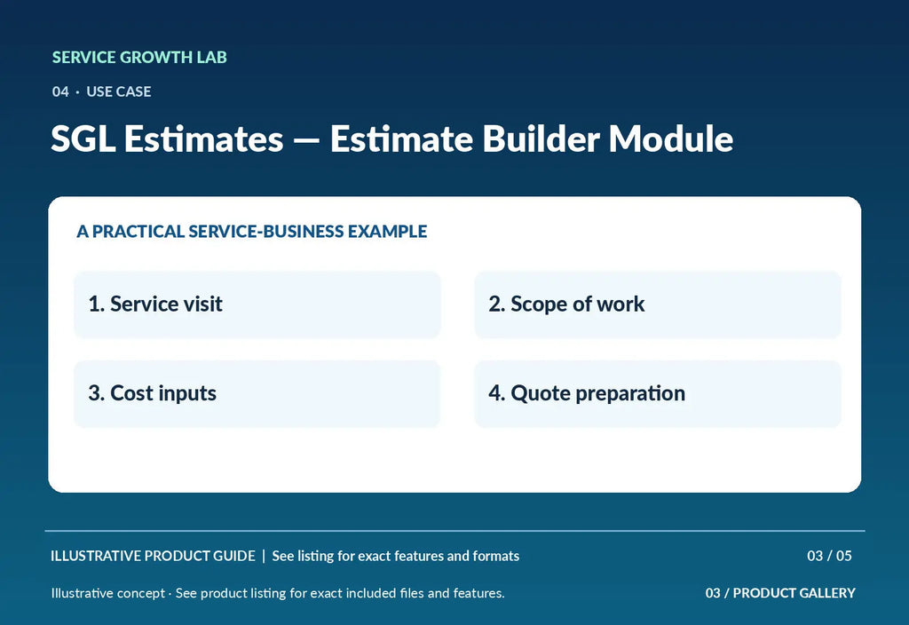 SGL Estimates — Estimate Builder Module — original illustrative product marketing visual 2 and relevant service workflow