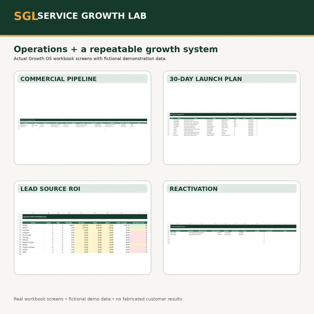 Actual Service Growth Lab Growth OS workbook screens included in the Agency & Consultant Toolkit, using fictional demonstration data
