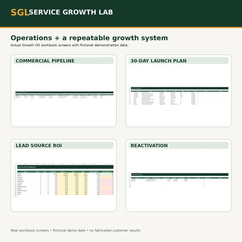 Actual Pressure Washing Growth OS workbook screenshots with fictional demo data