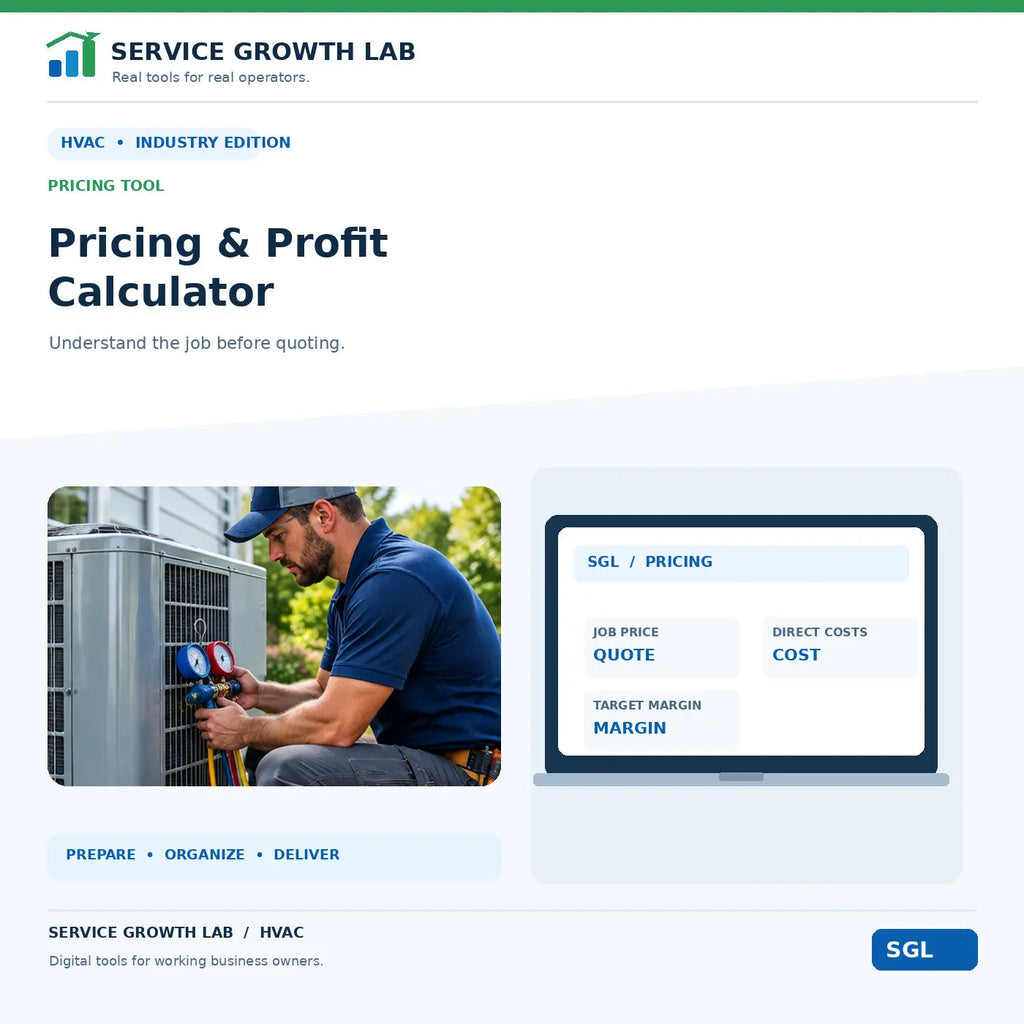 HVAC Pricing & Profit Calculator by Service Growth Lab: blue-and-white industry cover with matching tool illustration