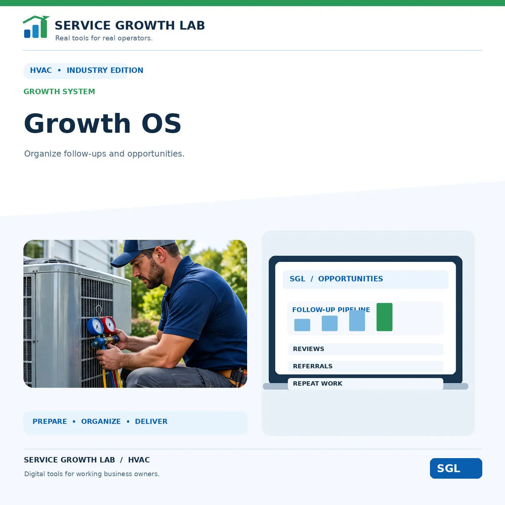 HVAC Growth OS by Service Growth Lab: blue-and-white industry cover with matching tool illustration