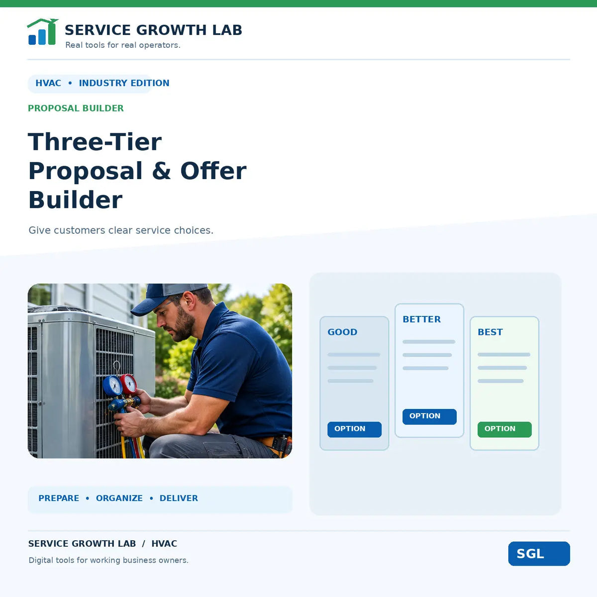 HVAC Three-Tier Proposal & Offer Builder by Service Growth Lab: blue-and-white industry cover with matching tool illustration