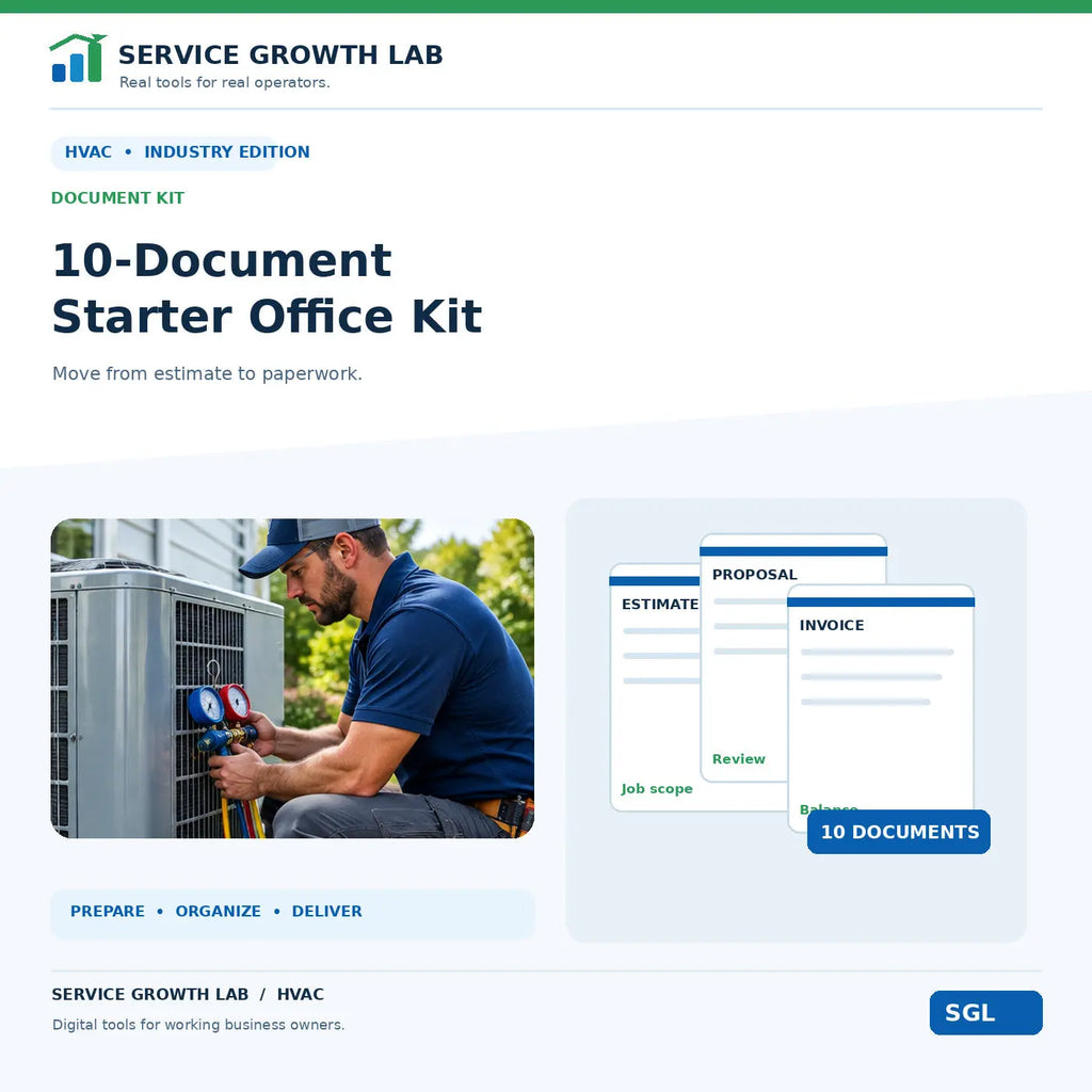 HVAC 10-Document Starter Office Kit by Service Growth Lab: blue-and-white industry cover with matching tool illustration