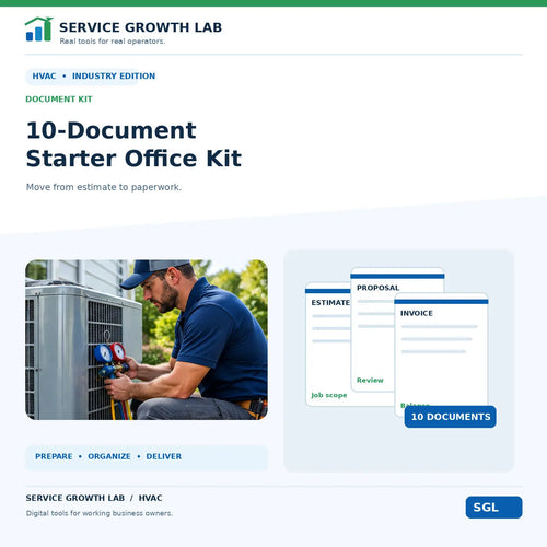 HVAC 10-Document Starter Office Kit by Service Growth Lab: blue-and-white industry cover with matching tool illustration