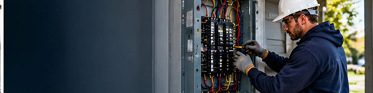 Illustrative electrical service jobsite photograph; not a screenshot of the free calculator workbook