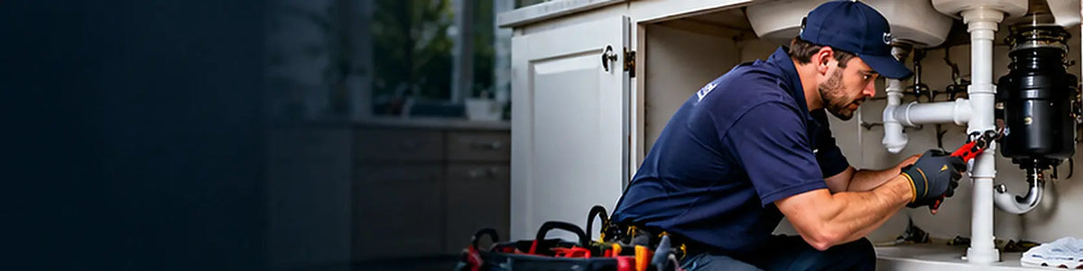Illustrative plumbing service: technician inspecting under-sink pipework, context for the SGL Plumbing Complete Toolkit