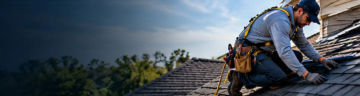 Illustrative roofing service jobsite photograph; not a screenshot of the free calculator workbook